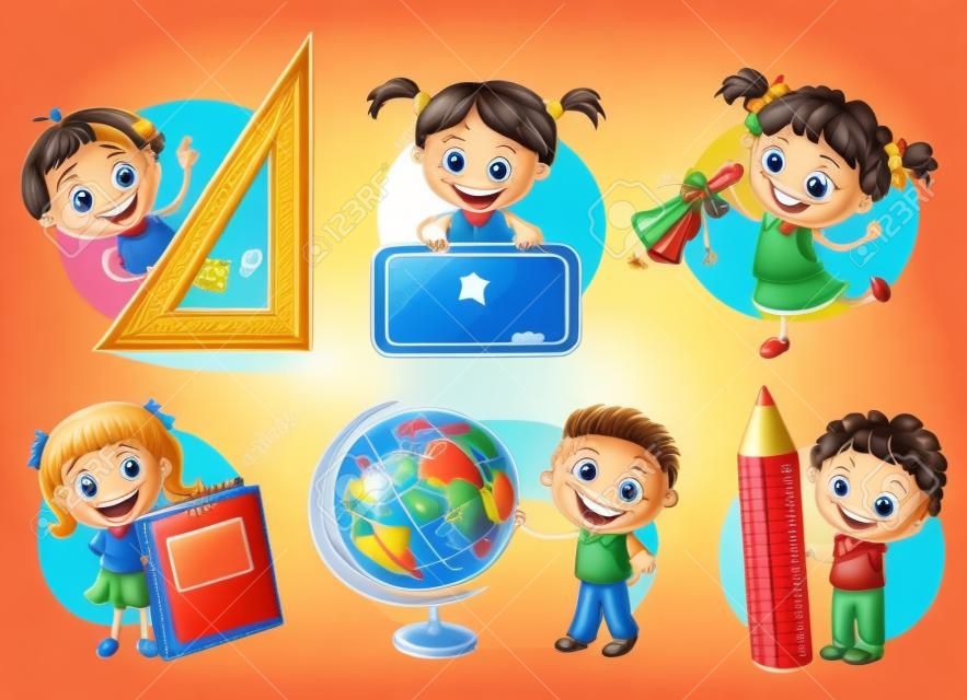 Conjunto de los niños felices de la escuela de dibujos animados con diferentes objetos de la escuela