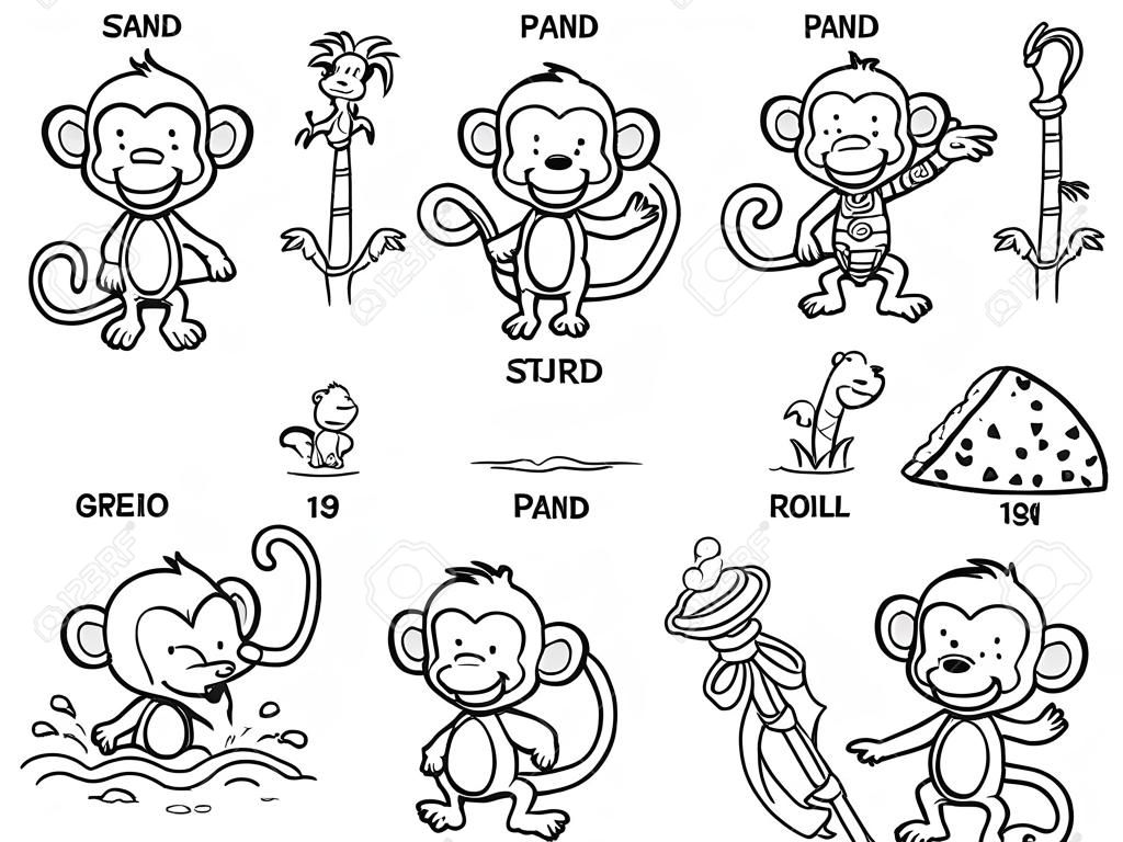 Verbos de ação em imagens, personagem bonito macaco feliz, preto e branco esboço