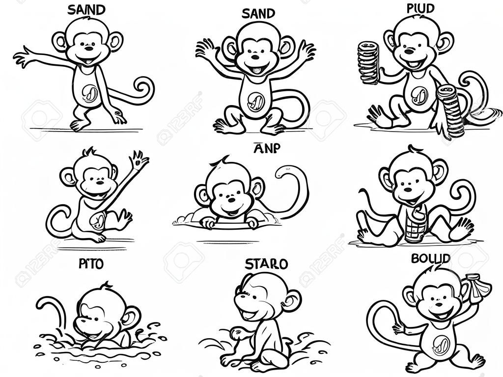 Werkwoorden van actie in foto's, schattig gelukkig aapje karakter, zwart en wit omtrek
