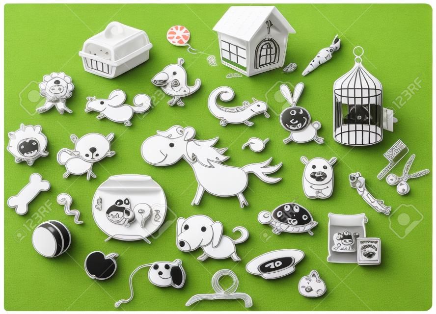 Zestaw czarno-białych cartoon zwierząt domowych z dodatkami, zabawek i żywności