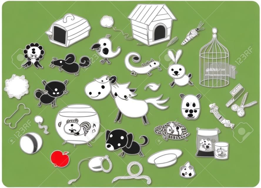 Conjunto de animales de dibujos animados en blanco y negro de animales domésticos con accesorios, juguetes y alimentos