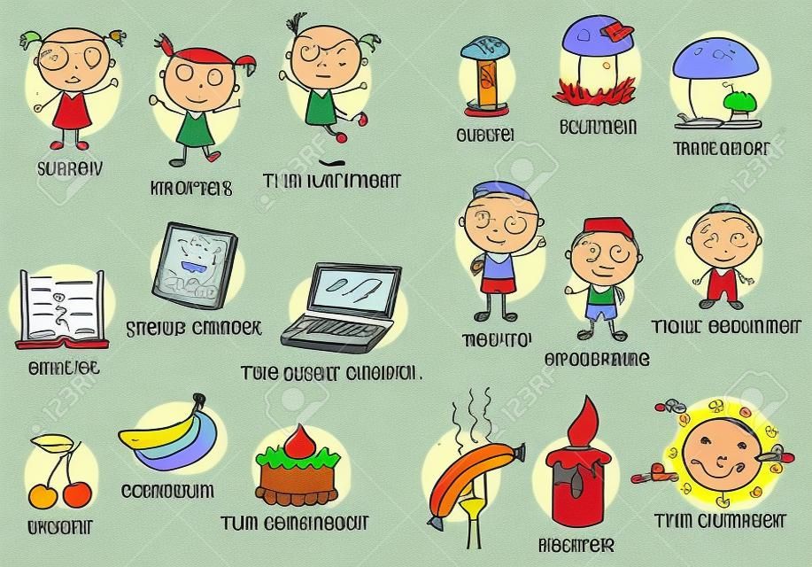 Degrees of comparison of adjectives in pictures, colorful cartoon