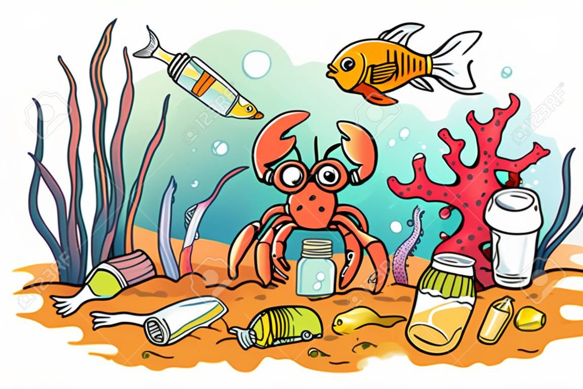 Sea animals suffer from ocean pollution with plastics, ecology and environment concept