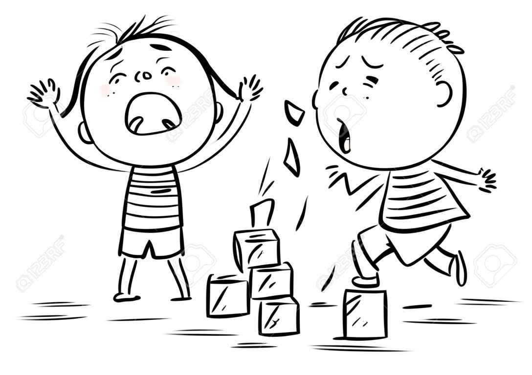 Comportamiento de los niños, conflicto, un niño que es travieso y agresivo y otro que llora, esboza la ilustración de dibujos animados