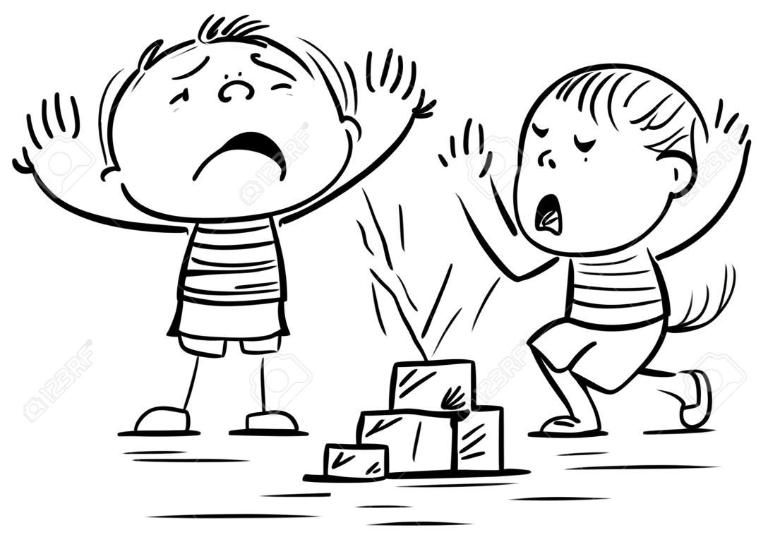 Comportamiento de los niños, conflicto, un niño que es travieso y agresivo y otro que llora, esboza la ilustración de dibujos animados