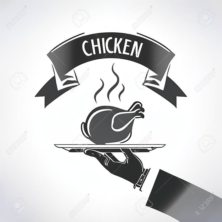 Курица на гриле. Векторные иллюстрации. Рука официанта держит поднос с жареной курицей.