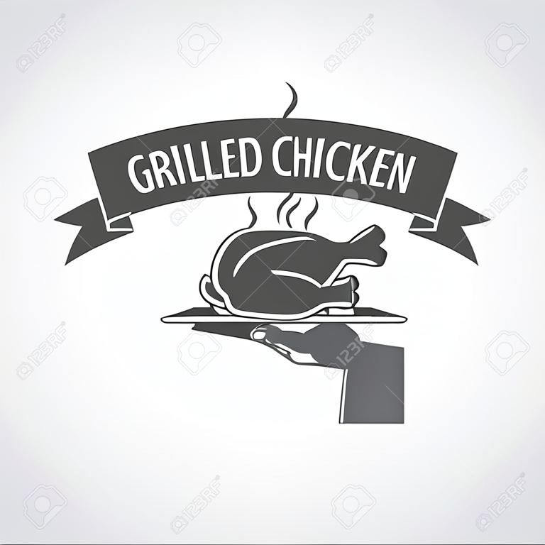 Курица на гриле. Векторные иллюстрации. Рука официанта держит поднос с жареной курицей.