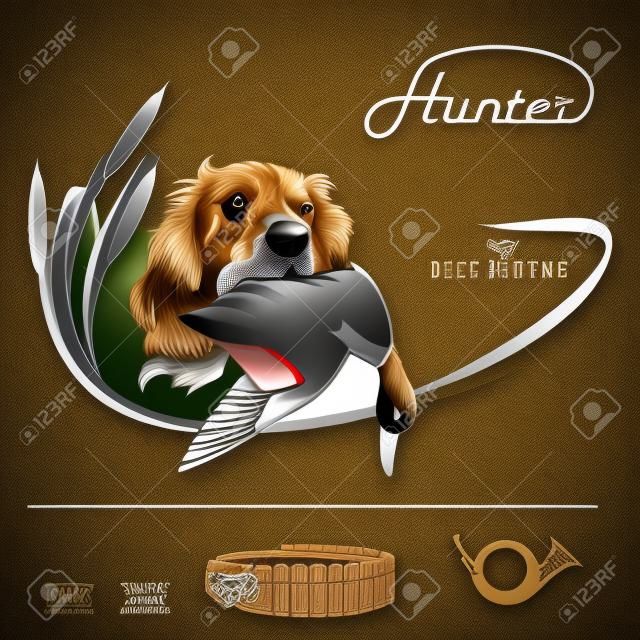 Hunting logo hunting dog with a wild duck in his teeth and design elements. The outfit of the hunter.