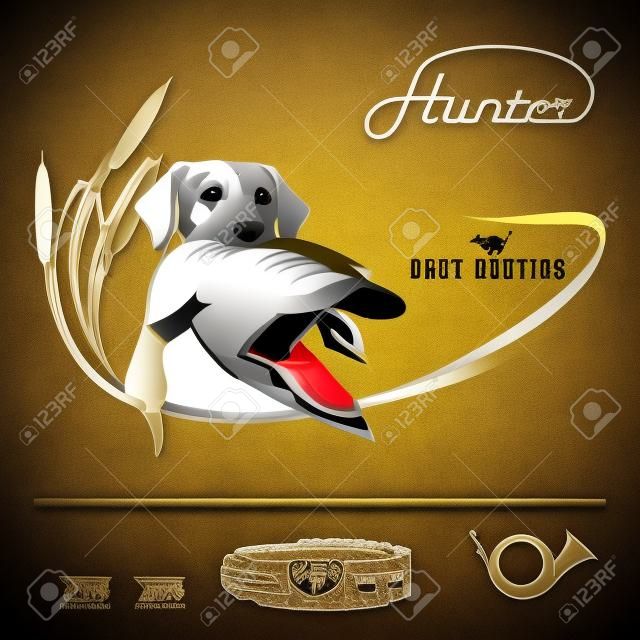 Caccia logo cane da caccia con un anatra selvatica tra i denti ed elementi di design. Il vestito del cacciatore.