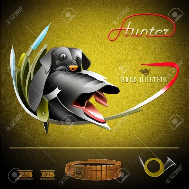 Caccia logo cane da caccia con un anatra selvatica tra i denti ed elementi di design. Il vestito del cacciatore.