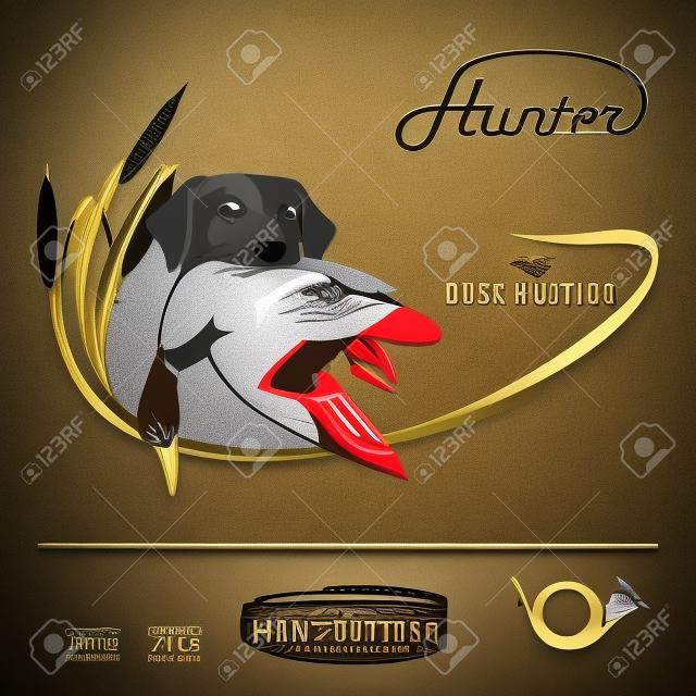 狩獵徽標狩獵犬與野鴨在他的牙齒和設計元素。獵人的裝備。