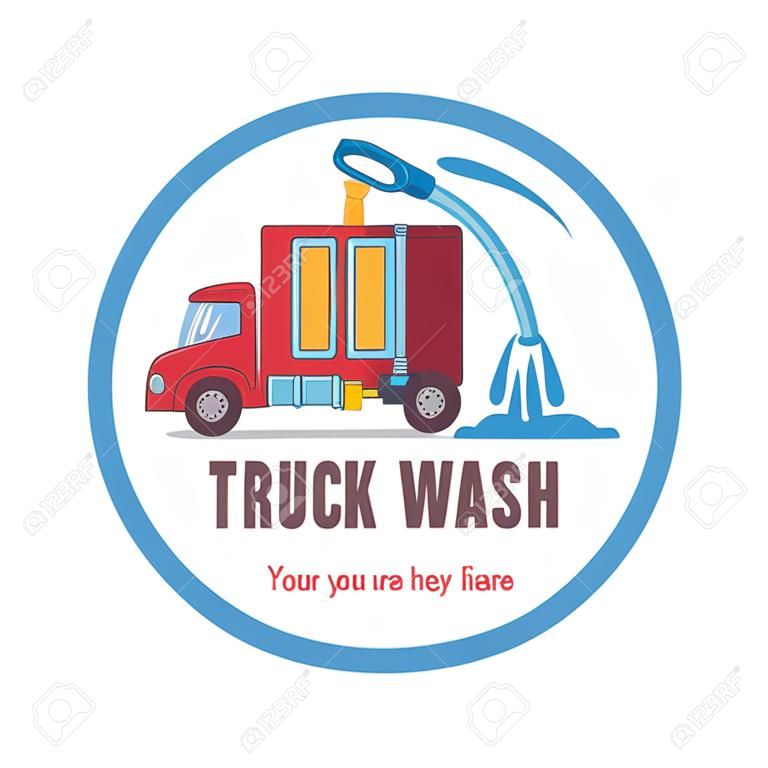 Emblem-LKW-Waschanlage. Vektorillustration in der Karikaturart. Der Lkw bei der Autowäsche, das Emblem im Kreis, den der Schlauch mit Wasser bildet.