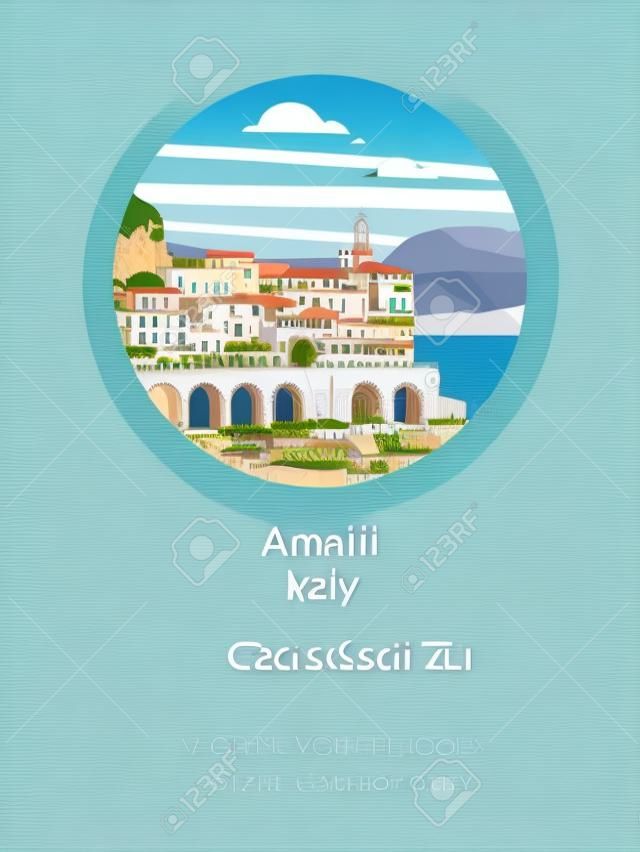 Amalfi Coast, Italy. Seaside resort town. Vector illustration. Postcard with sights. There is room for text.