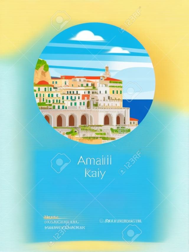 Amalfi Coast, Italy. Seaside resort town. Vector illustration. Postcard with sights. There is room for text.