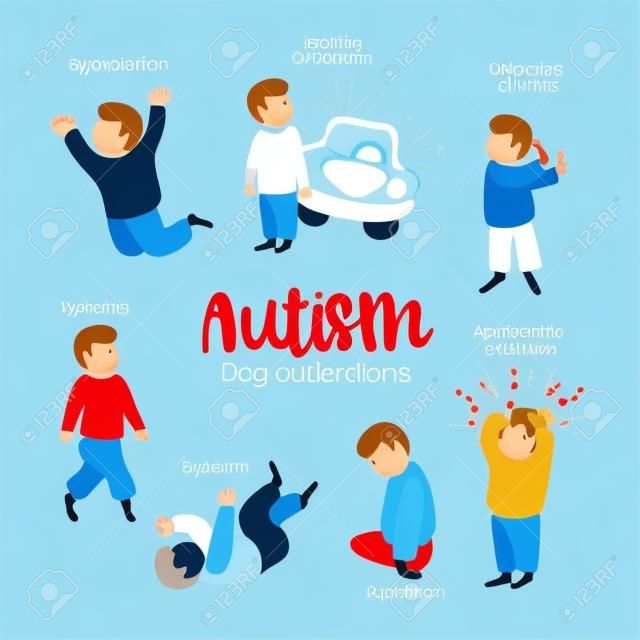 Autism. Early signs of autism syndrome in children. Vector illustration. Children autism spectrum disorder ASD icons. Signs and symptoms of autism in a child, such as ADHD, OCD, depression, there, epilepsy and hyperactivity.