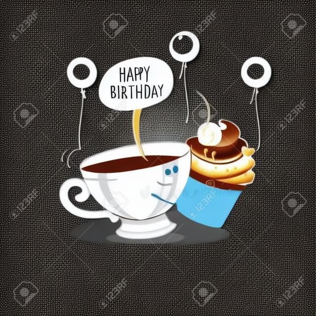 Bon anniversaire. Belle carte de voeux drôle. Tasse de café et gâteau. Illustration vectorielle.