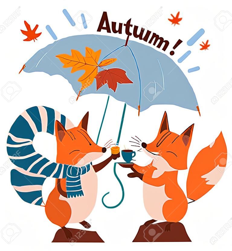 Hallo Herbst. Zwei süße Füchse trinken an einem regnerischen Herbsttag Tee unter einem Regenschirm. Vektor-Illustration.