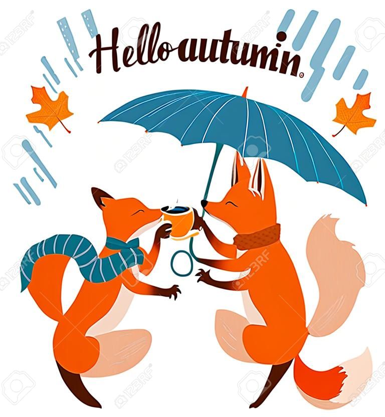 Hallo Herbst. Zwei süße Füchse trinken an einem regnerischen Herbsttag Tee unter einem Regenschirm. Vektor-Illustration.