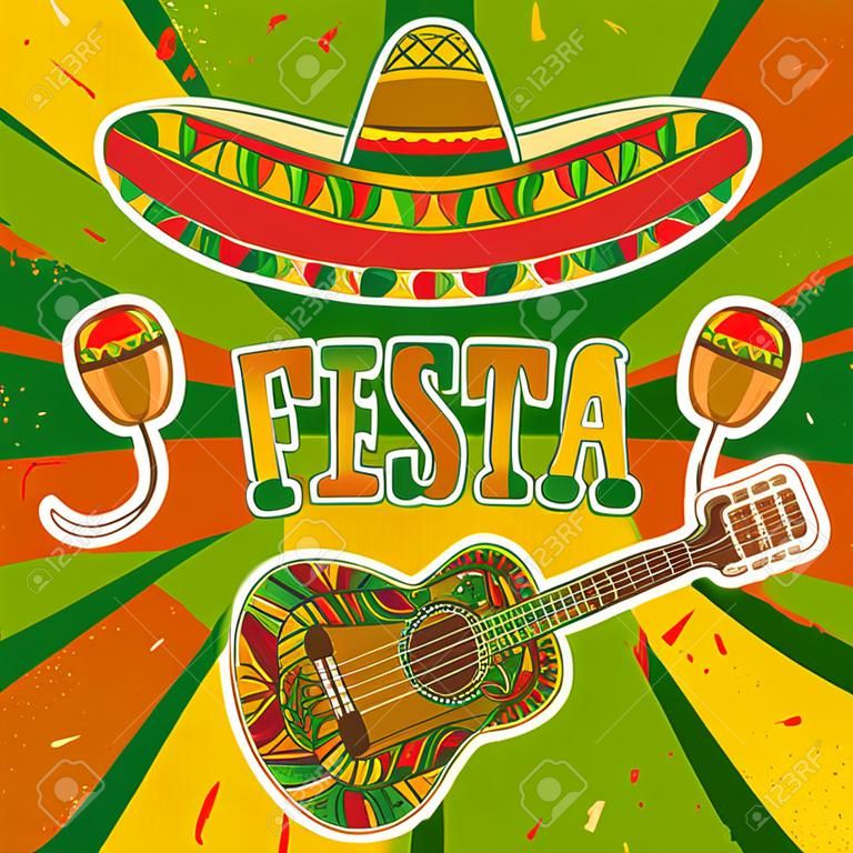 マラカス、ソンブレロとギターでメキシコ フィエスタ パーティーの案内状グランジ背景手描き下ろしイラスト ポスター