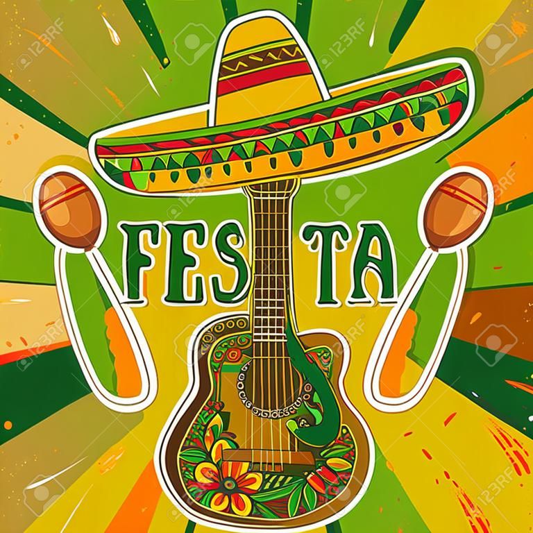 marakas, sombrero ve gitar ile Meksika Fiesta Parti Davet. grunge arka plan ile elle çizilmiş illüstrasyon posteri