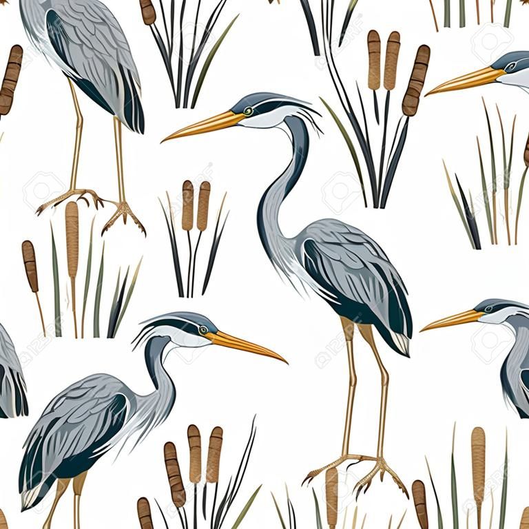 サギ鳥とまかり通ってシームレス パターン。湿地の動植物。ヴィンテージ手描き水彩風ベクトル イラスト