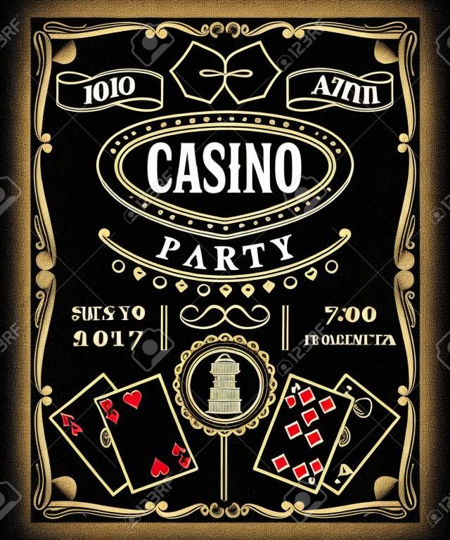 Casino party invitation on chalkboard with decorative elements. Vintage vector illustration