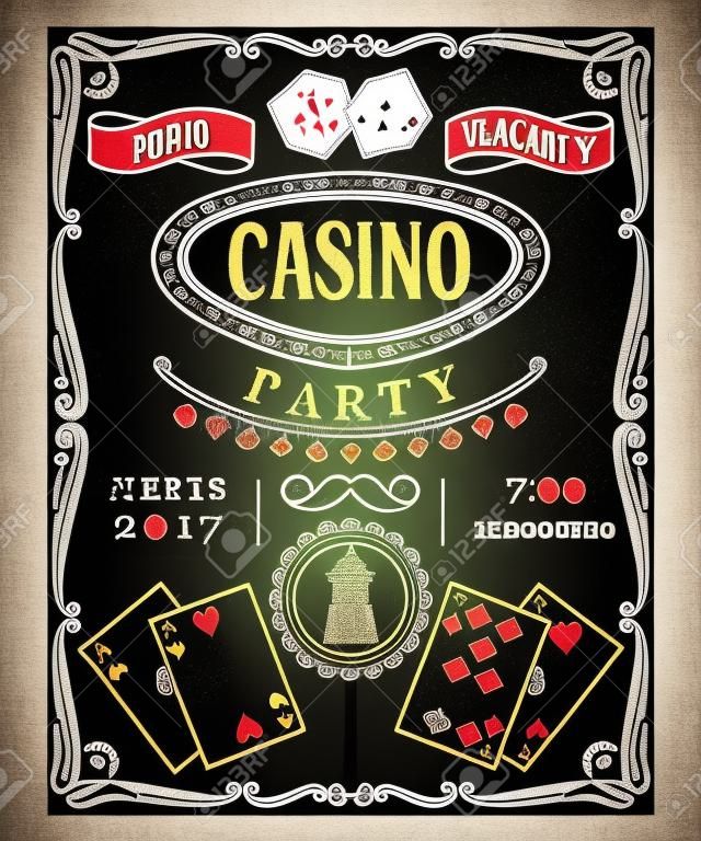 Invitation de partie Casino sur tableau noir avec des éléments décoratifs. Illustration vectorielle Vintage