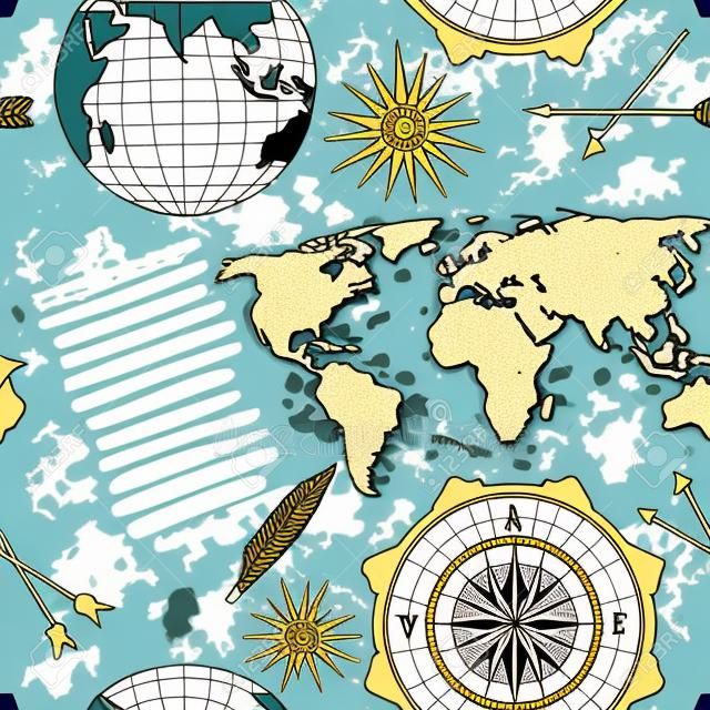 Seamless pattern with vintage globe, compass, world map and wind rose. Vector illustration