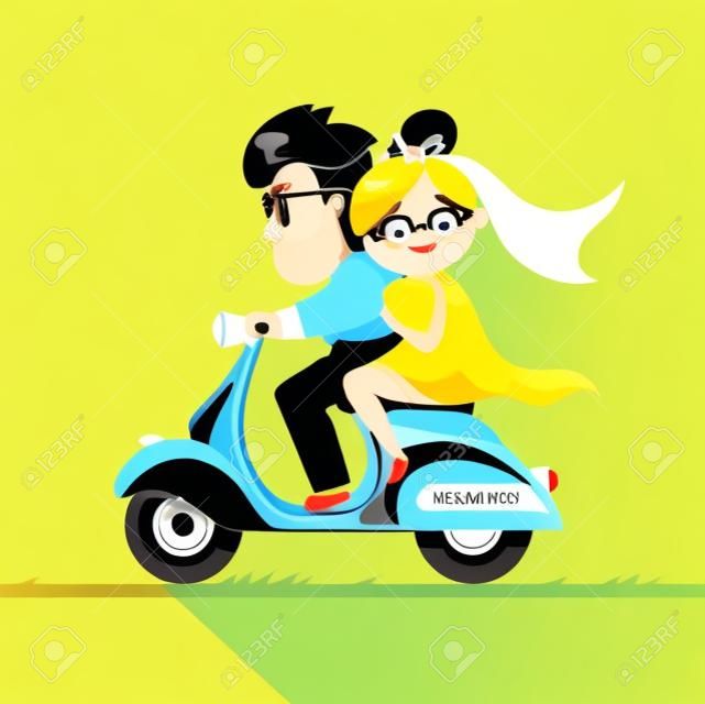 The newlyweds go on a moped.Happy married couple.Vector modern flat character Valentine's day design item man and woman couple riding scooter together.Romantic happy young lovers couple dating.