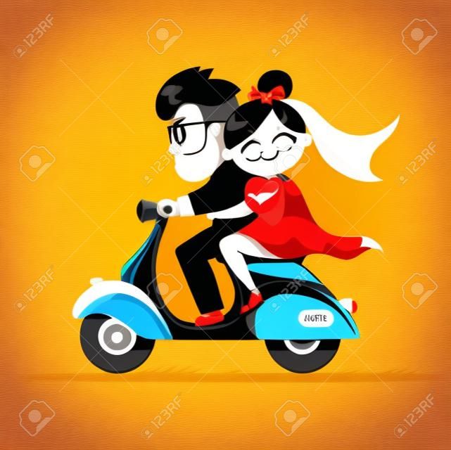 The newlyweds go on a moped.Happy married couple.Vector modern flat character Valentine's day design item man and woman couple riding scooter together.Romantic happy young lovers couple dating.