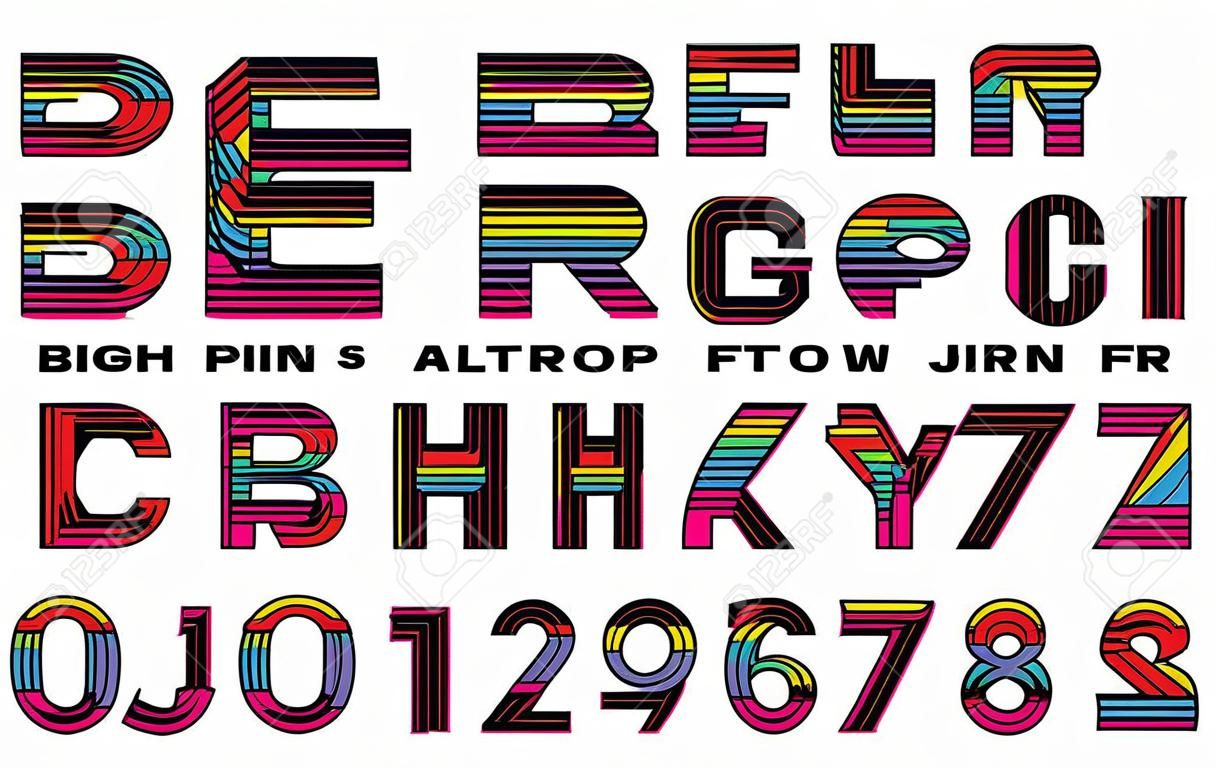 Polices d'alphabet rétro des années 80. Vecteur d'alphabet vintage arc-en-ciel