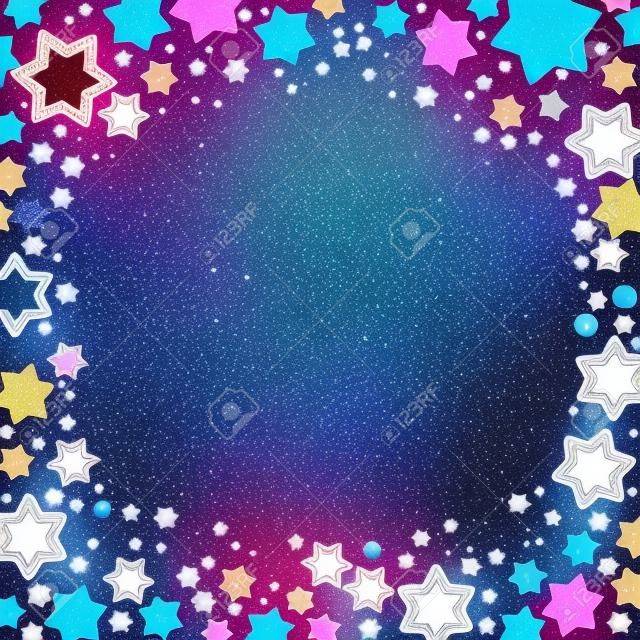 Vector square frame with colored stars on the white background, sparkles Colored confetti symbols - star glitter, stellar flare. Flat style for decorating your design