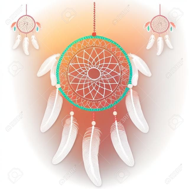 Stel gekleurde droom catcher, geïsoleerd op witte achtergrond. vector illustratie. Tribal symbool met veren.