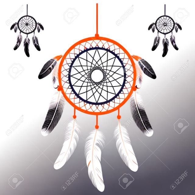 Установите цветной Ловец снов, изолированных на белом фоне. векторные иллюстрации. Племенной символ с перьями.