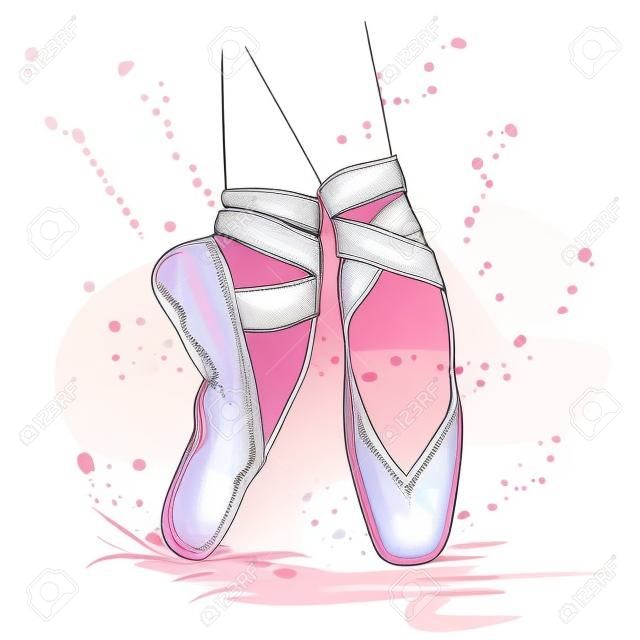 T shirt design. Modern fashion style on white background with pointes shoes. Sketch hand drawn pointes shoes, bow in pink colors.