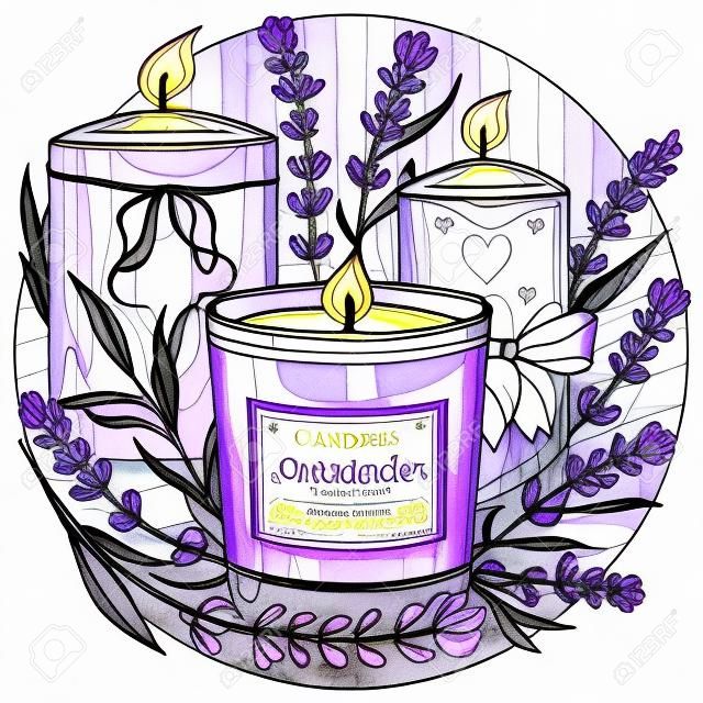 Kerzen mit Lavendel.Malbuch Antistress für Kinder und Erwachsene.