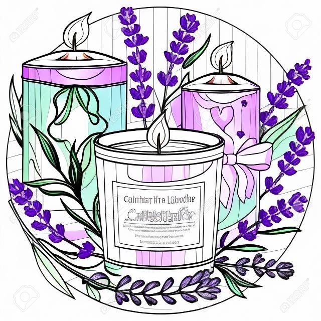 Candles with lavender.Coloring book antistress for children and adults.