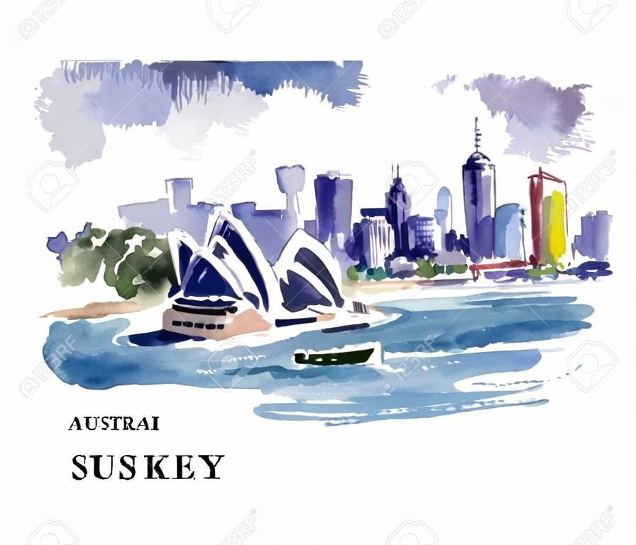 Vector watercolor illustration of Australia sightseeings and seacoast with text place. Good for warm memory postcard design, any graphic design or book illustration.