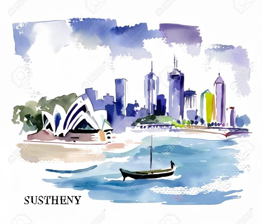 オーストラリアとテキストの場所と海岸のベクトルの水彩イラスト。あたたかな想い出はがきデザイン グラフィック デザインや挿絵に適しています。