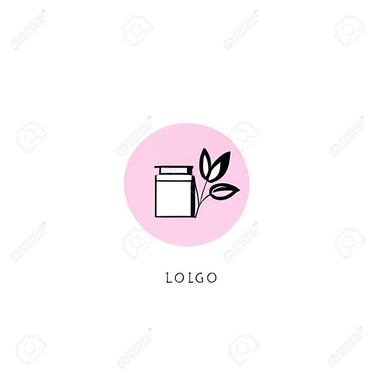 Vector cosmetic logo design template. Beauty brand mark, health care, medicine company insignia isolated. Skin care. Woman health, linear flat simple beauty signs. Natural eco product label.