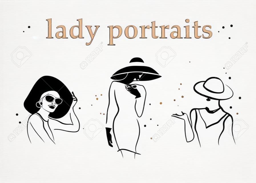 Vector hand drawn beautiful lady in hat portrait isolated on white background. Contour drawing. Black stroke. Fashion, beauty model. Young awesome woman silhouette. Advertisement design elements.