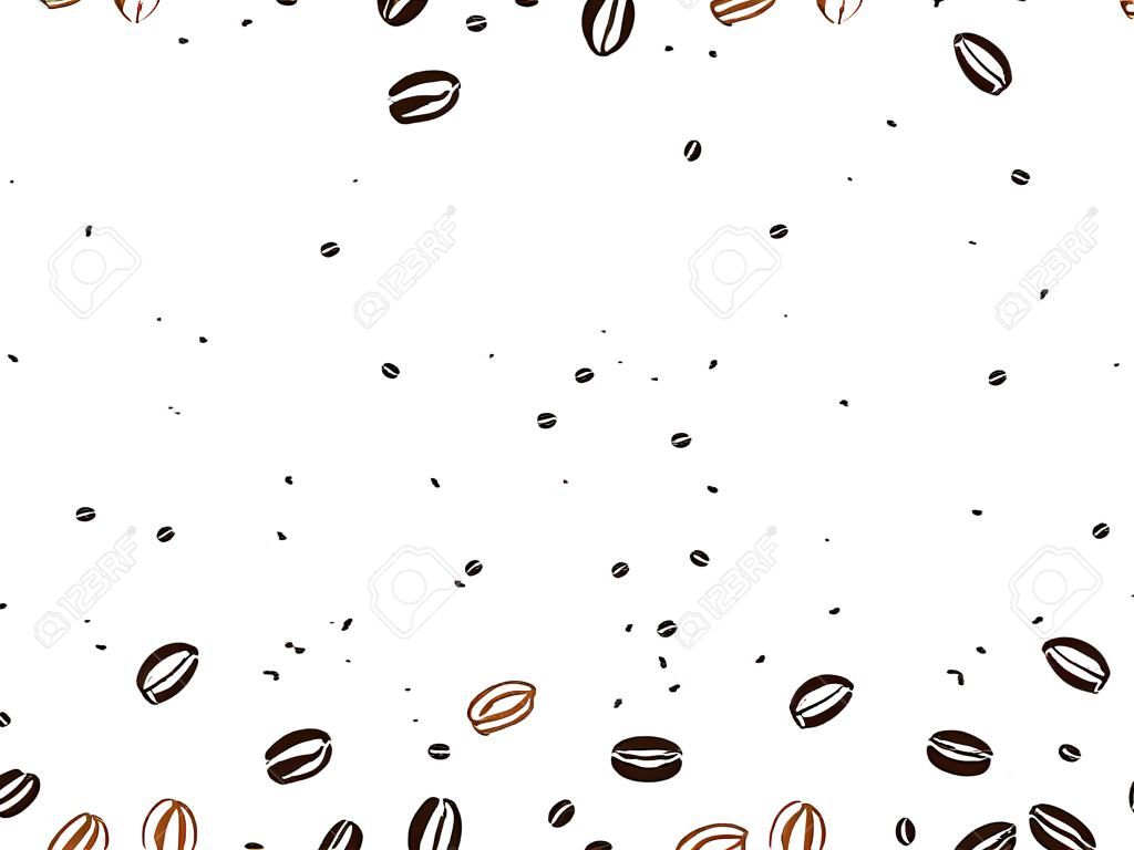 白い背景ベクトルシームレスパターンに分離された手描きコーヒー豆とコーヒー背景デザイン。インク描画、コーヒーシード。パッケージデザイン、壁紙、バナー。