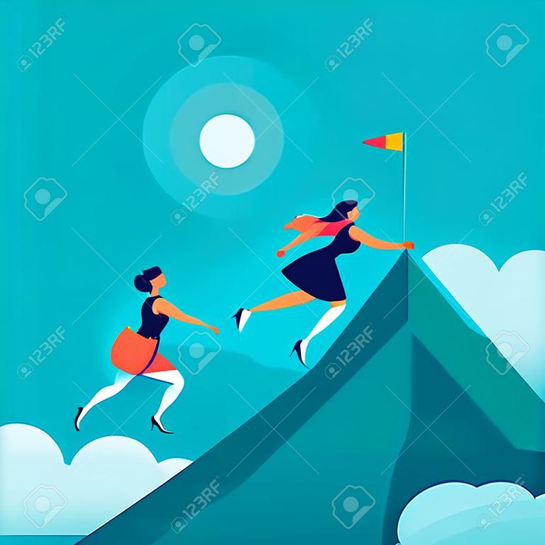 Vector flat illustration with business ladies climbing together on mountain peak top on blue clouded sky background. Team work, achievement, reaching aim, partnership, motivation, support, - metaphor.
