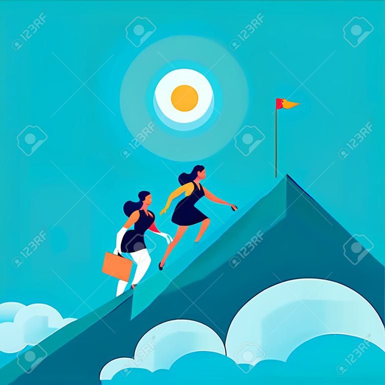 Vector flat illustration with business ladies climbing together on mountain peak top on blue clouded sky background. Team work, achievement, reaching aim, partnership, motivation, support, - metaphor.