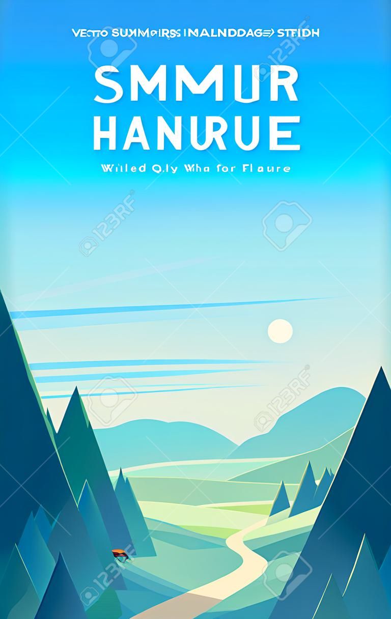 Vector flat summer landscape illustration with mountains, sun, fir trees, road, bush, medows and blue clouded sky. Perfect for travel and camping tours posters, placards, flayers, leaflets and banners