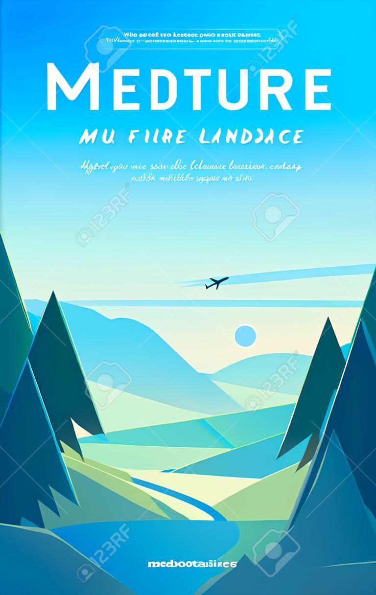 벡터 플랫 여름 풍경 그림에는 산의 전나무 도로 부시 메도우와 푸른 흐린 하늘이 여행 및 캠핑 투어 포스터 플래카드 플래이어 전단지 및 배너에 적합합니다.
