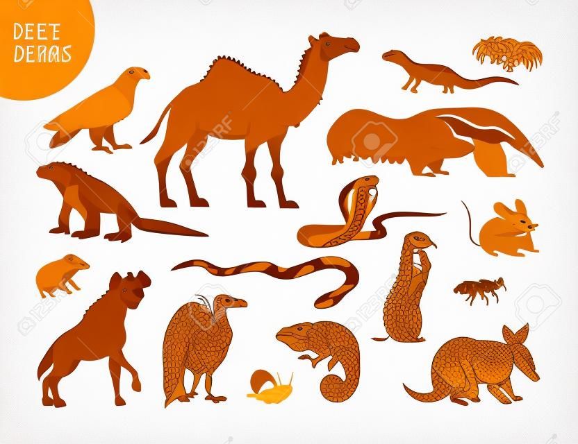 Vector collection of flat hand drawn desert animal, reptiles, insects: camel, snake, lizard isolated on white background. For children book illustration, alphabet, zoo emblems, banners, infographics.
