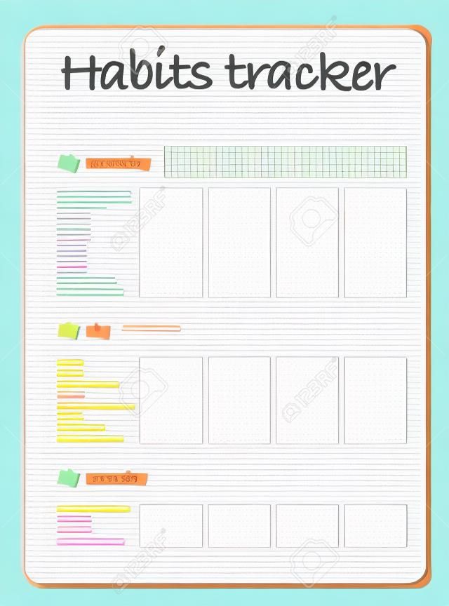 Vector habits tracker page design template calendar  for month. Time management equipment. Flat lay, organizer mock up. Pastel colors. Monthly organizer with examples of activities.