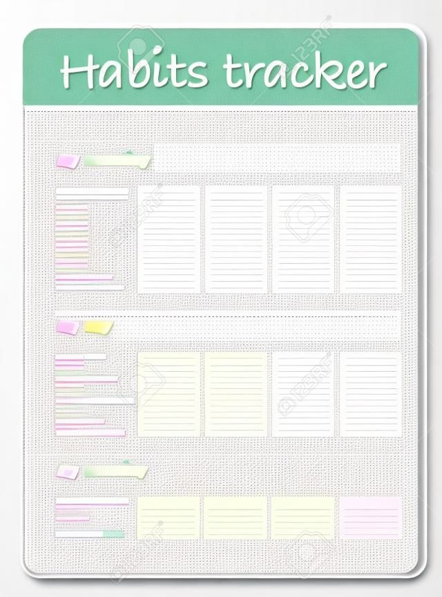 Vector habits tracker page design template calendar  for month. Time management equipment. Flat lay, organizer mock up. Pastel colors. Monthly organizer with examples of activities.