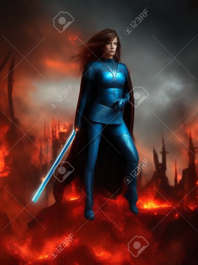 Mulher de ficção científica vestida em batalha sci fi roupa segurando uma espada